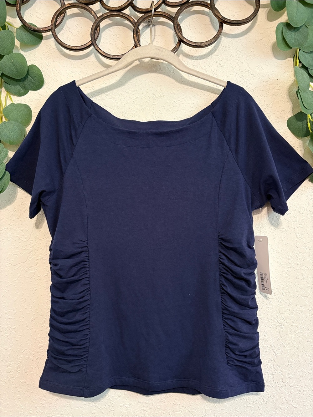 NWT Soft Surroundings Navy Ruched Side Short Sleeve Top